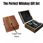 Personalized Whiskey Lover's Deluxe Gift Set with ice stones, glasses, tongs, coasters, and engraved wooden box – perfect gift for whiskey enthusiasts.
