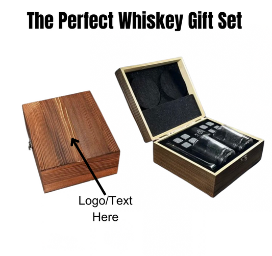 Personalized Whiskey Lover's Deluxe Gift Set with ice stones, glasses, tongs, coasters, and engraved wooden box – perfect gift for whiskey enthusiasts.