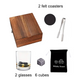 Personalized Whiskey Lover's Deluxe Gift Set with ice stones, glasses, tongs, coasters, and engraved wooden box – image shows each item separately.
