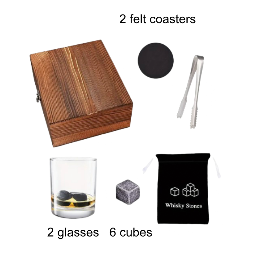 Personalized Whiskey Lover's Deluxe Gift Set with ice stones, glasses, tongs, coasters, and engraved wooden box – image shows each item separately.