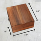 Dimensions of the Whiskey Lover's Deluxe Gift Set, including the engraved wooden box (7.4” x 8.6” x 3.6”) with ice stones, glasses, tongs, and coasters.