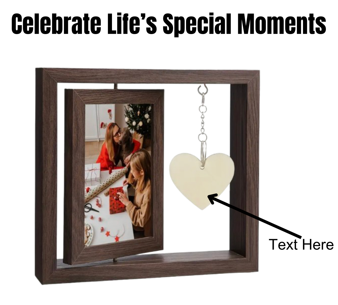 A rustic wood floating picture frame with a natural finish, designed to hold a 4x6 photo. Perfect for personalized engravings and special gifts.