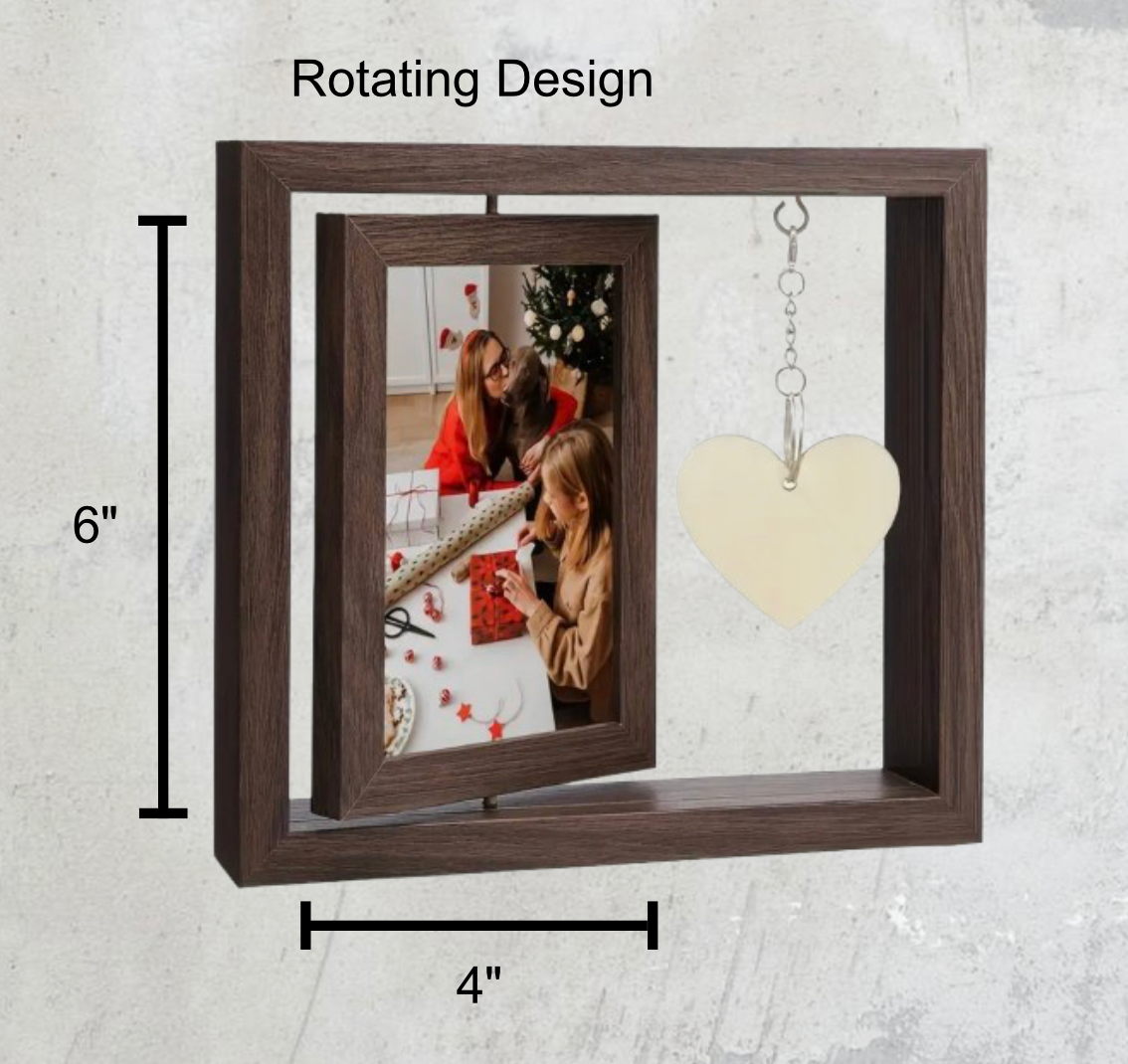 The rustic wood picture frame with a 9x8.3-inch size, featuring labeled dimensions and details for a floating 4x6 photo in the center.