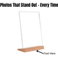 Clear acrylic sign holder with a smooth engraved wood base, showcasing its elegant minimalist design on a clean white background.