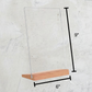 6 x 9-inch acrylic sign holder with dimensions displayed, featuring a polished wood base and transparent acrylic glass for versatile tabletop use.