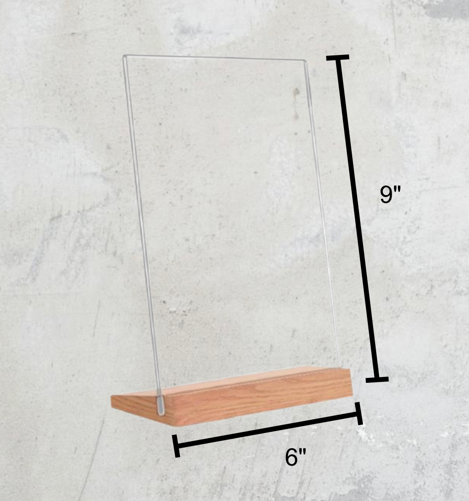 6 x 9-inch acrylic sign holder with dimensions displayed, featuring a polished wood base and transparent acrylic glass for versatile tabletop use.
