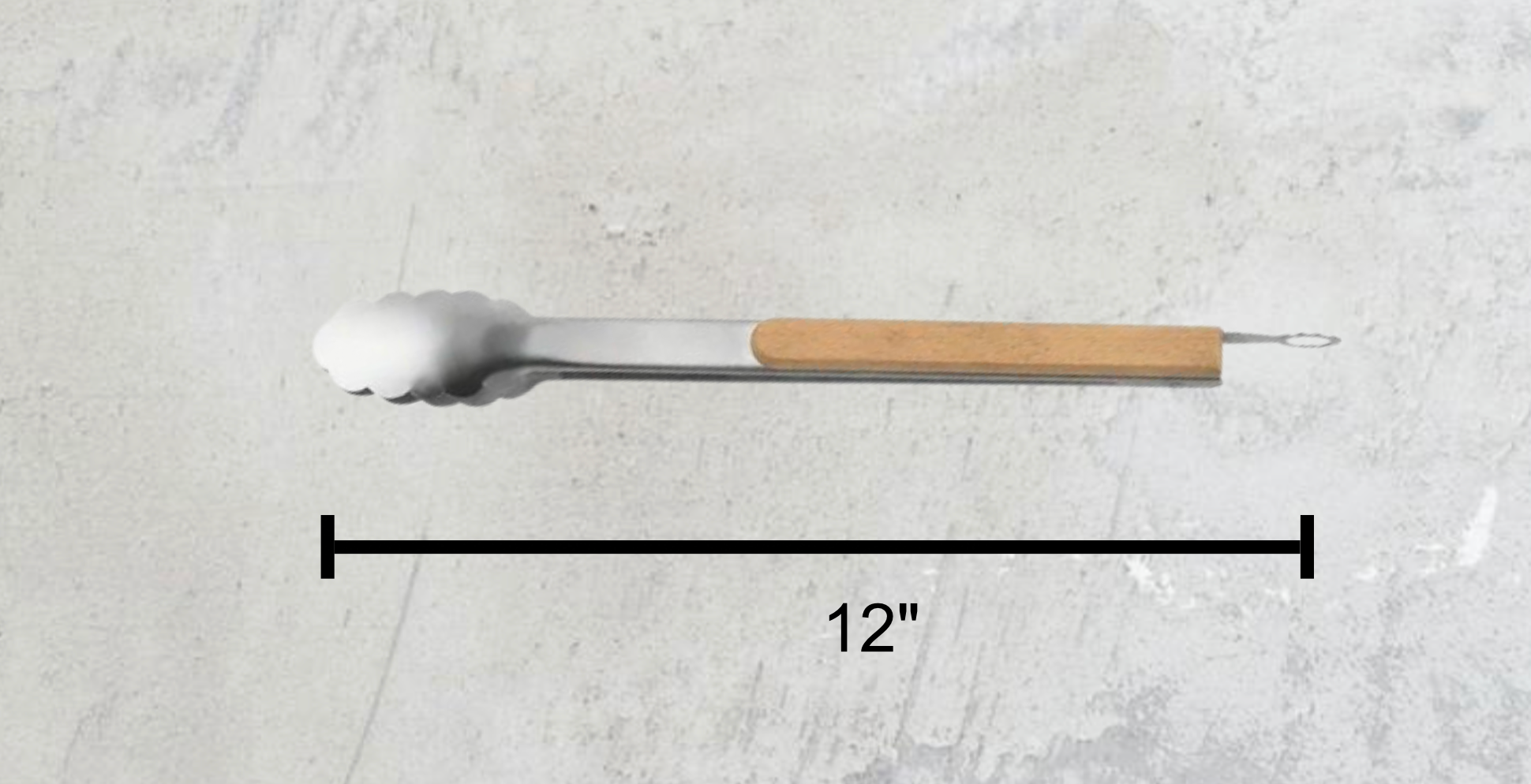 Stainless steel tongs with non-slip wooden handle displayed alongside detailed dimensions for a clear size reference.