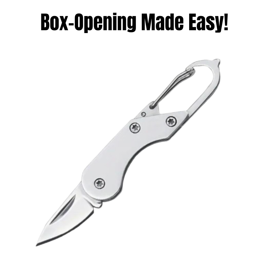Compact stainless steel folding knife with a V-edge blade, shown fully open with a belt clip, ideal for keychains and everyday tasks. 