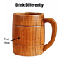 A sustainable jujube wood mug with a heat-resistant striped wooden handle, engraved with custom text, displayed as the main product image.