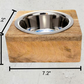 Stainless steel dog bowl with mango wood holder, dimensions 7.19 x 7.18 x 3.2 inches. Elevated feeder with 1-quart capacity, perfect for dogs of all breeds.