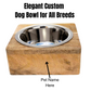 Custom engraved stainless steel dog bowl with mango wood base, showcasing a personalized design on the wooden holder. Durable and stylish pet feeder for dogs of all sizes.