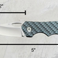 Stainless steel EDC knife with a 2-inch blade and 5-inch open length. Features a lightweight carbon fiber handle for a comfortable grip.