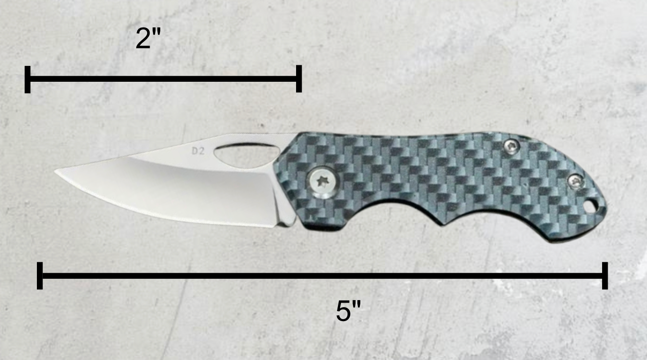 Stainless steel EDC knife with a 2-inch blade and 5-inch open length. Features a lightweight carbon fiber handle for a comfortable grip.