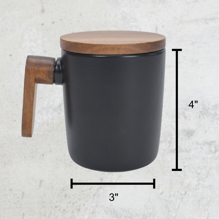 12oz black stoneware mug with wood handle and lid. Measures 4 inches tall and 3 inches in diameter. Stylish and functional personalized coffee cup.