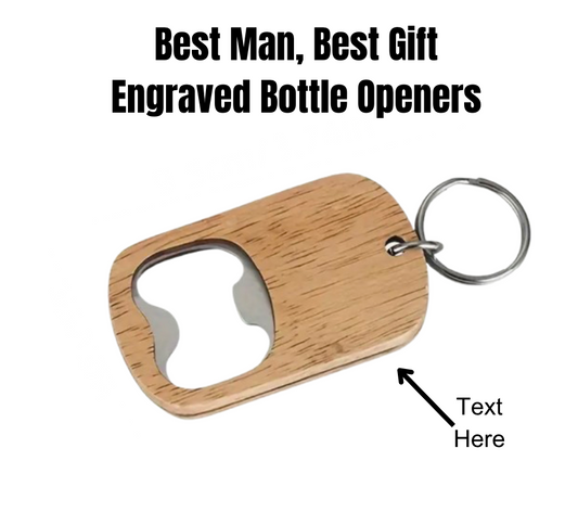 Custom engraved bottle opener with wood handle – a unique groomsmen gift. Ideal for weddings, best man presents, and personalized keepsakes.