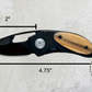 Dimensions of engraved pocket knife: 2-inch blade, 4.75-inch open length. Stainless steel, engravable mini folding knife with ergonomic wooden handle.