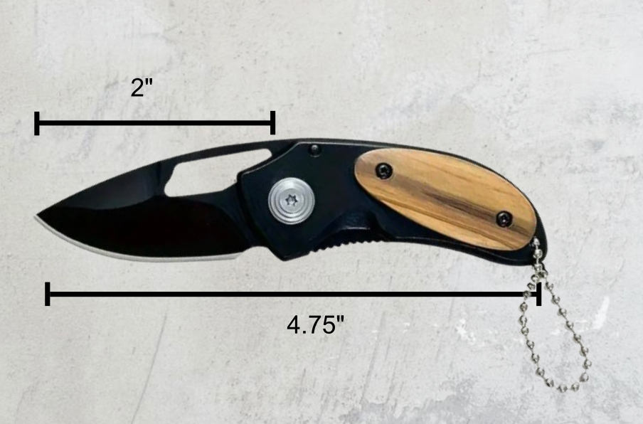 Dimensions of engraved pocket knife: 2-inch blade, 4.75-inch open length. Stainless steel, engravable mini folding knife with ergonomic wooden handle.