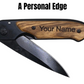 Personalized Wooden Pocket Knife - Black Handle with Wood Accents - Custom Engraved Folding Knife - Partially Opened Blade