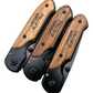Three engraved knives with wood handle, shown closed, designed for a corporate bulk order. The handle features a custom engraving reading 'Langer Electric' company name on it.