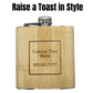 Personalized Bamboo Wood Flask with Customizable Text and Date Engraving - Silver Cap, 'Custom Text Here' and 'MM.DD.YYYY' within Engraved Square Design