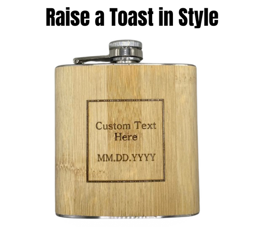 Personalized Bamboo Wood Flask with Customizable Text and Date Engraving - Silver Cap, 'Custom Text Here' and 'MM.DD.YYYY' within Engraved Square Design