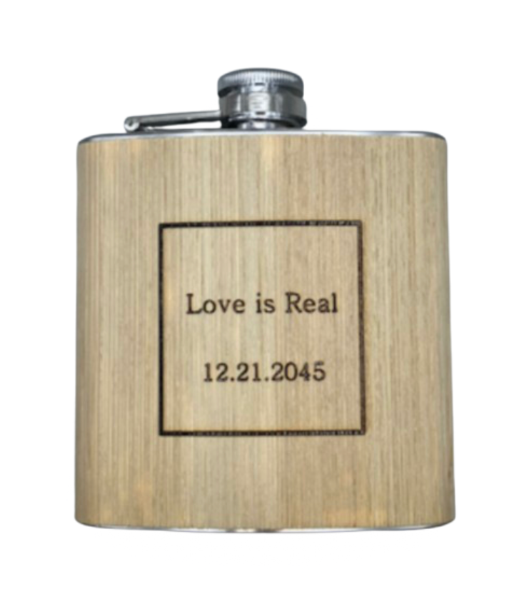 Engraved Flask with 'Love is Real' and '12.21.2045