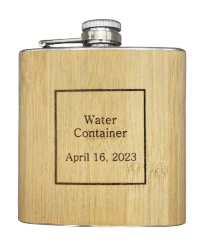 Engraved Flask with 'Water Container' and 'April 16, 2023'
