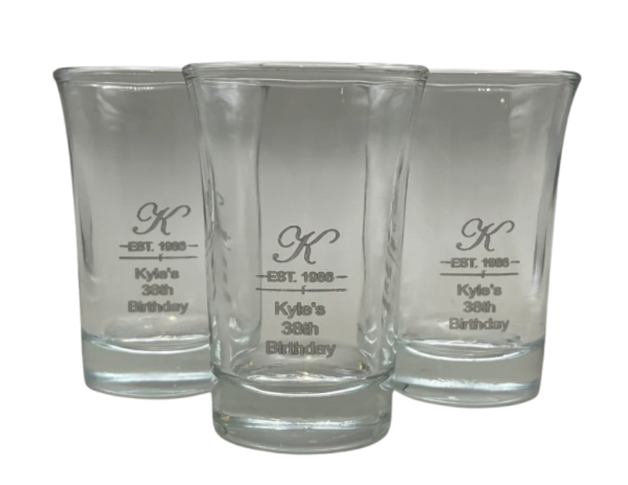 Set of Three Personalized Glass Shot Glasses - Kyle Birthday Engraving - Front View