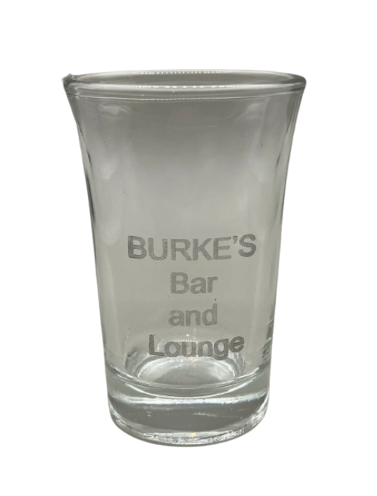 Personalized Glass Shot Glass - BURKE's Bar and Lounge Engraving - Four-Line Design