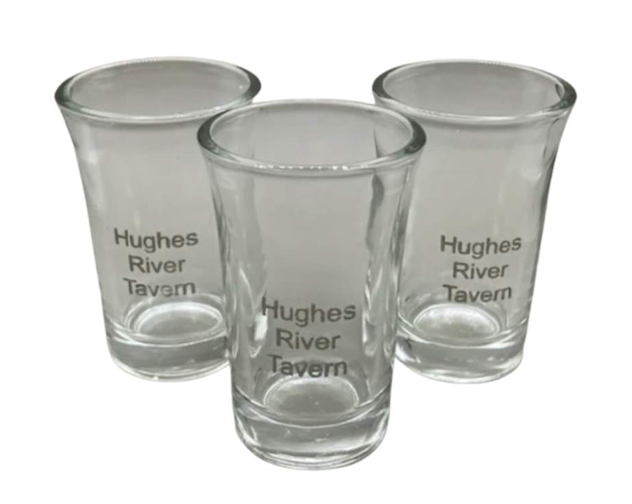 Personalized Glass Shot Glasses Set - Hughes River Tavern Engraved Design - Front View