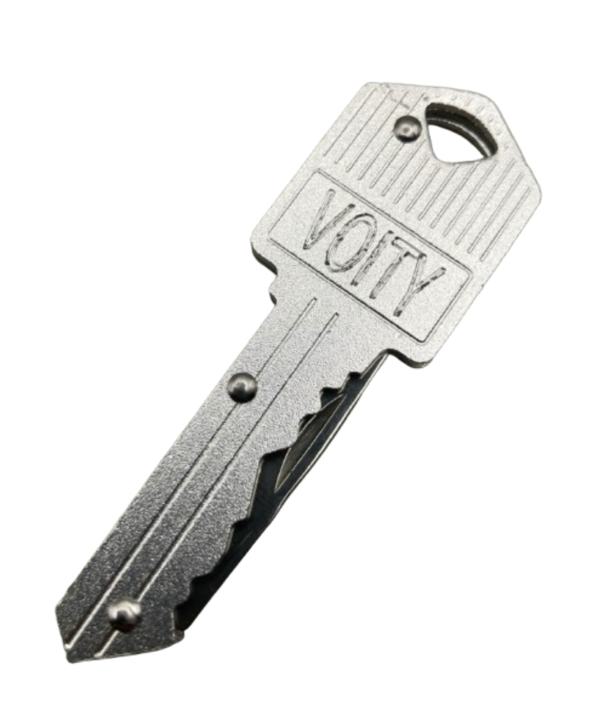 Closed Silver Key Shaped Folding Knife with Personalized 'VOITY' Engraving - everyday carry pocket 
