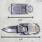 Close-up of a silver mini pocket knife. The knife is shown twice, closed and open. Below each image is a ruler showing the dimensions.