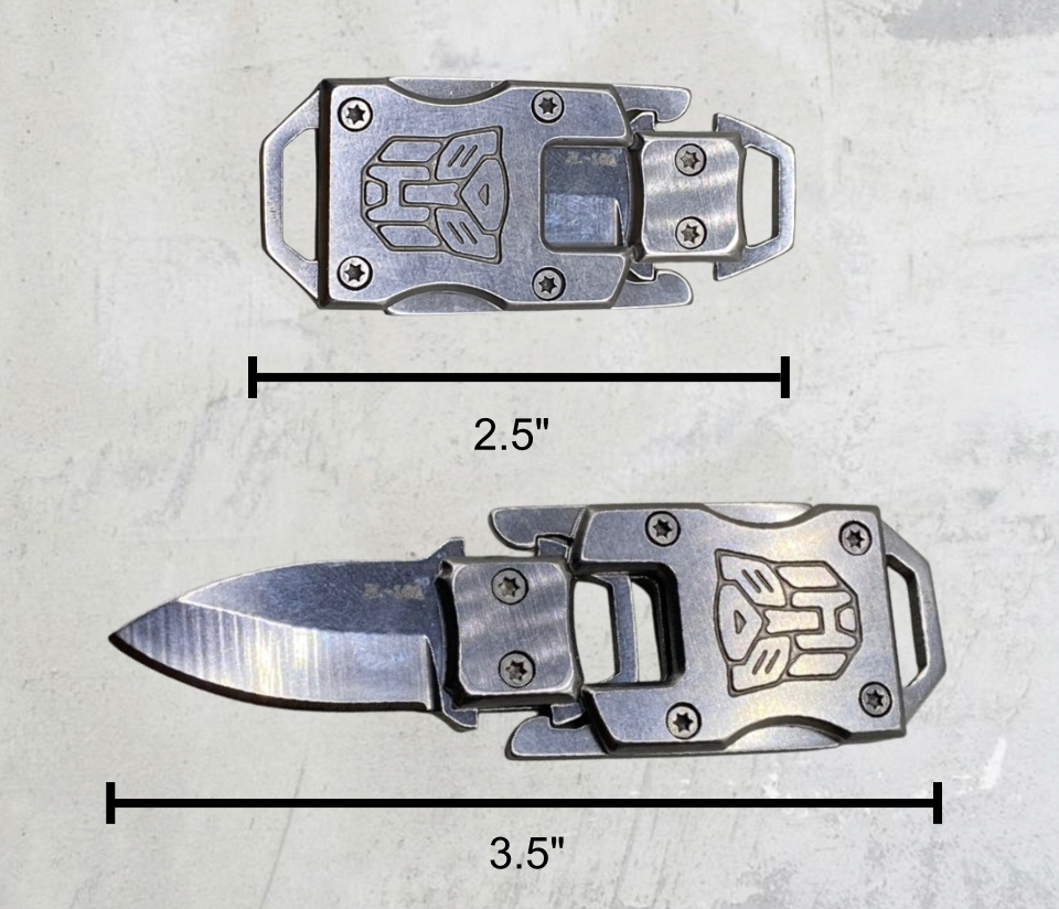 Close-up of a silver mini pocket knife. The knife is shown twice, closed and open. Below each image is a ruler showing the dimensions.