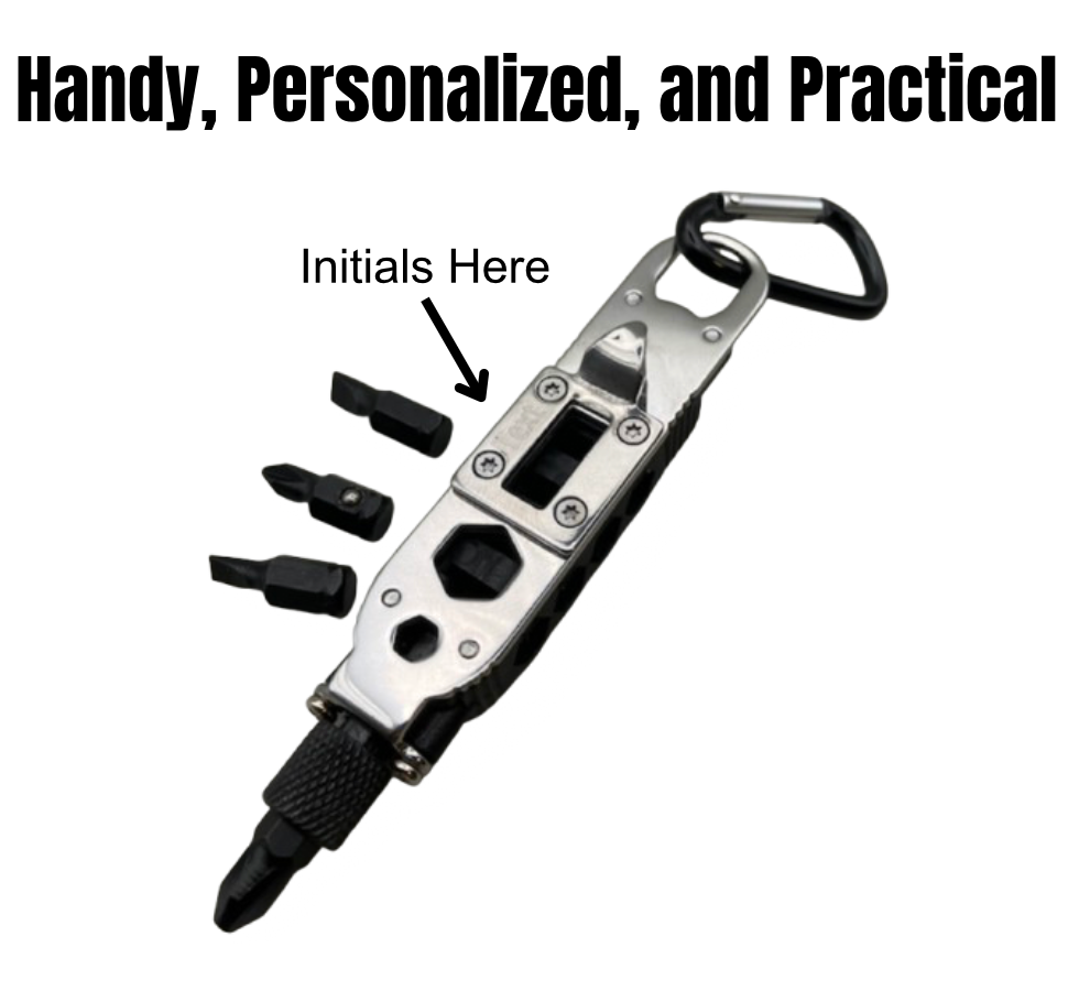 Multi-Tool Screwdriver with Interchangeable Bits - Phillips and Flat Heads, Built-in Bit Storage, Belt Clip, Bottle Opener, and Flashlight. Engraved with 'Text' on Metal Plate, Large Phillips Head Installed