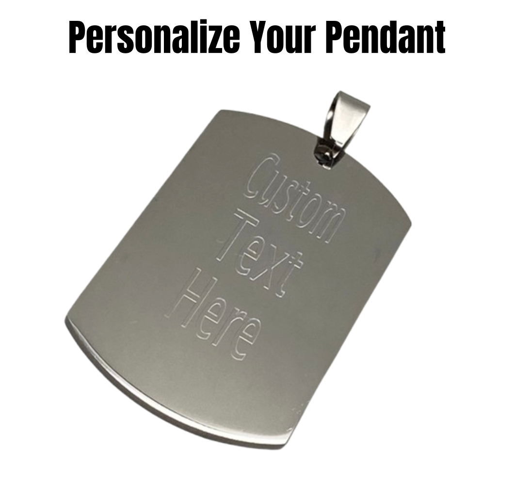Polished stainless steel pendant with customizable engraving, showcasing its sleek and durable design.