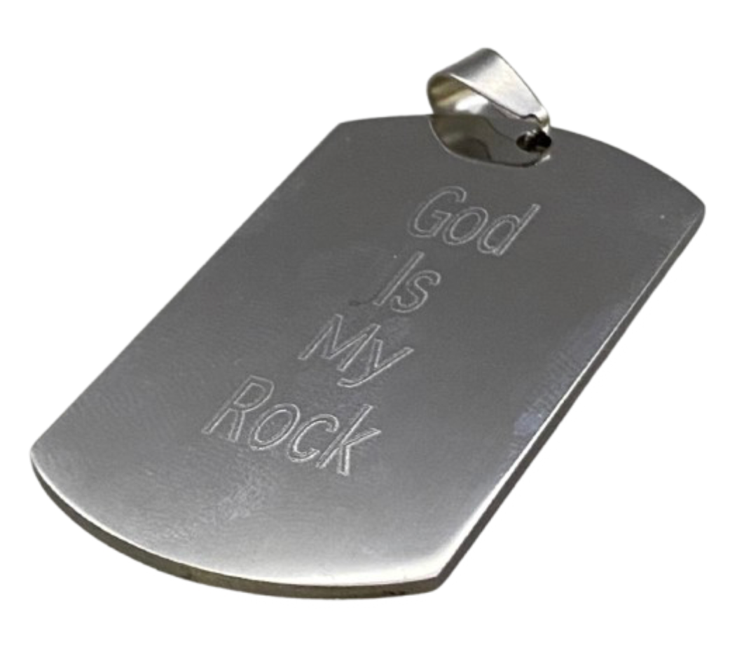 Engraved stainless steel pendant featuring the text 'God is my rock' in elegant lettering.