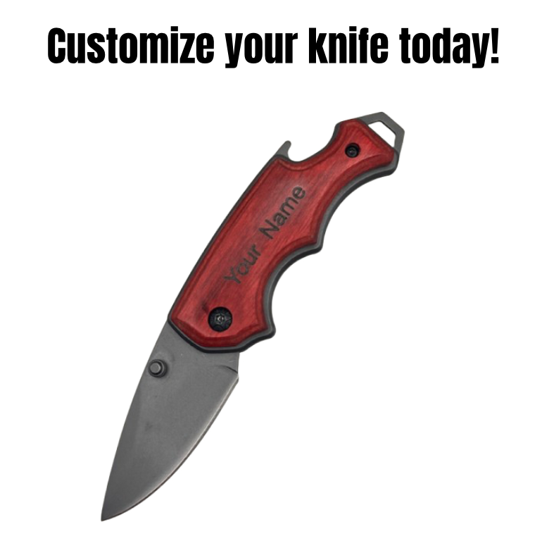 Premium folding pocket knife with grey blade and custom-engraved wooden handle. Features include bottle opener, hanging clip, and ergonomic design. Main listing image displays open blade with personalized engraving.