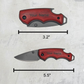 A clear view of the engraved redwood folding knife, shown open with dimensions labeled: closed size 3.2 inches x 1.4 inches x 0.6 inches, open size 5.5 inches x 1.4 inches x 0.6 inches, and blade length 2.2 inches