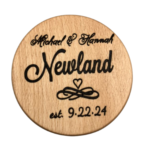 Personalized Wedding Coaster - Last Name, First Names, Wedding Date, Heart Logo - Elegant Cursive Design