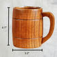 A detailed view of the jujube wood mug with precise dimensions highlighted for reference, showcasing its heat-resistant wooden handle and striped pattern.