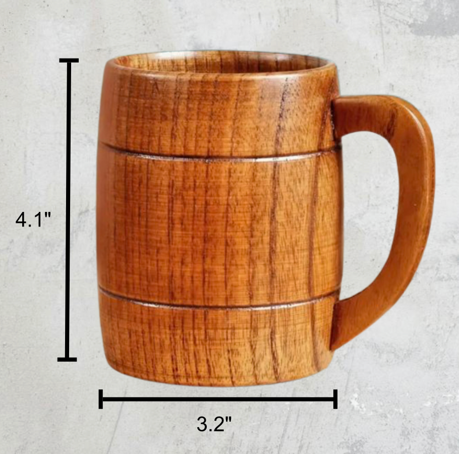 A detailed view of the jujube wood mug with precise dimensions highlighted for reference, showcasing its heat-resistant wooden handle and striped pattern.