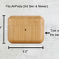 Engraved wooden AirPods Pro case with dimensions labeled and an arrow pointing to the back, showing the engraving location. Text specifies compatibility for 3rd Gen and newer models.