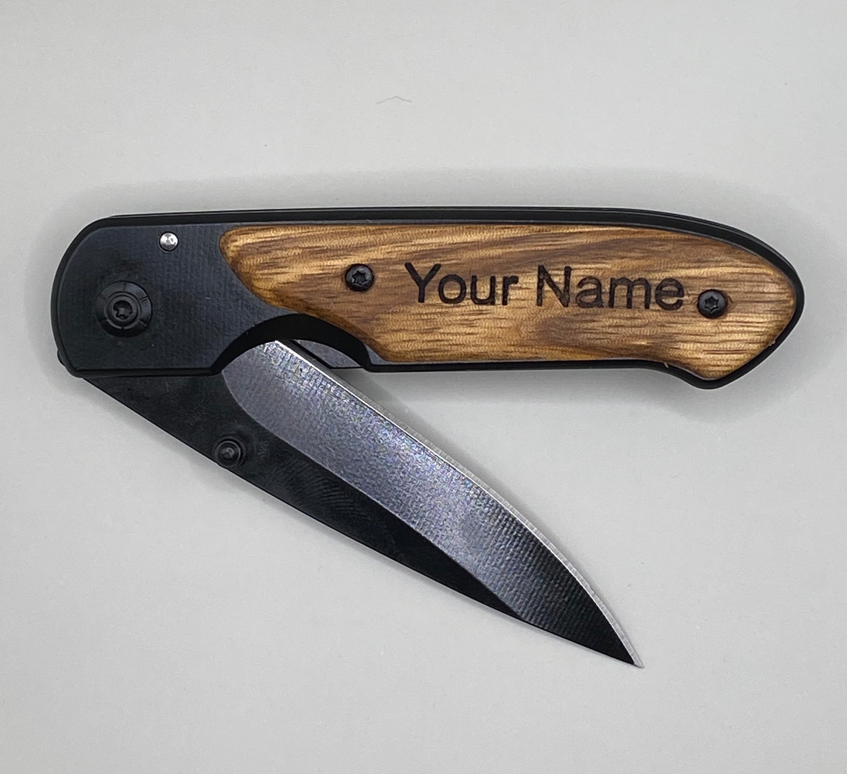 Personalized Wooden Pocket Knife - Black Handle with Wood Accents - Custom Engraved Folding Knife - Partially Opened Blade