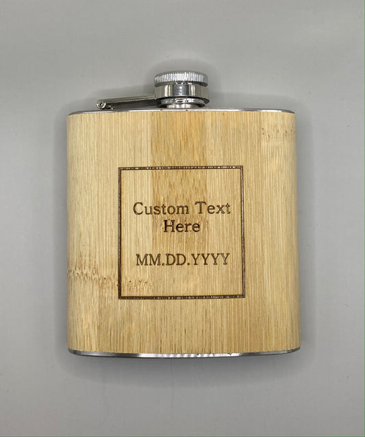 Personalized Bamboo Wood Flask with Customizable Text and Date Engraving - Silver Cap, 'Custom Text Here' and 'MM.DD.YYYY' within Engraved Square Design