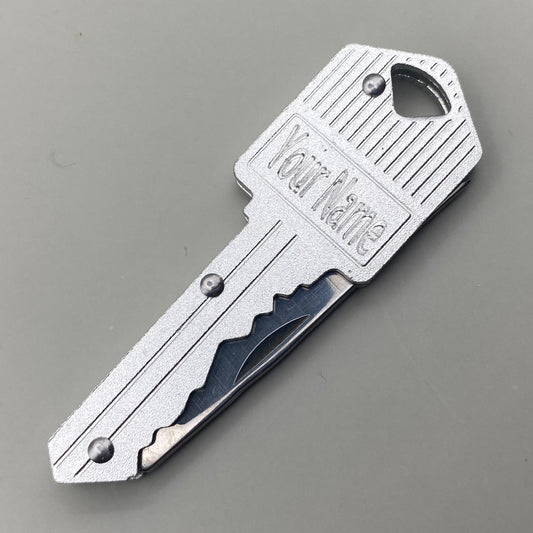 Silver Key Shaped Folding Knife with Personalized Engraving - Closed Position, EDC Pocket Knife